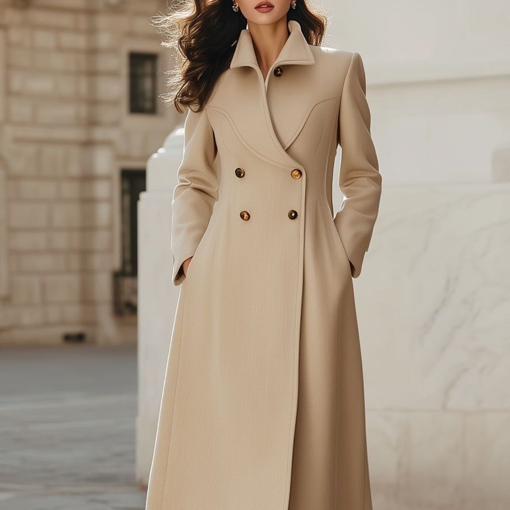 A woman wearing a long beige double-breasted trench coat with a high collar, standing outdoors.