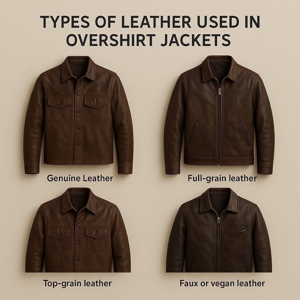 Leather Overshirt Jacket: A Modern Classic for All Seasons 8 A 2x2 grid of jackets on a beige background demonstrating different leather types: Genuine Leather, Full-grain leather, Top-grain leather, and Faux or vegan leather. Each jacket is brown and styled as an overshirt or jacket, with labels beneath each image.