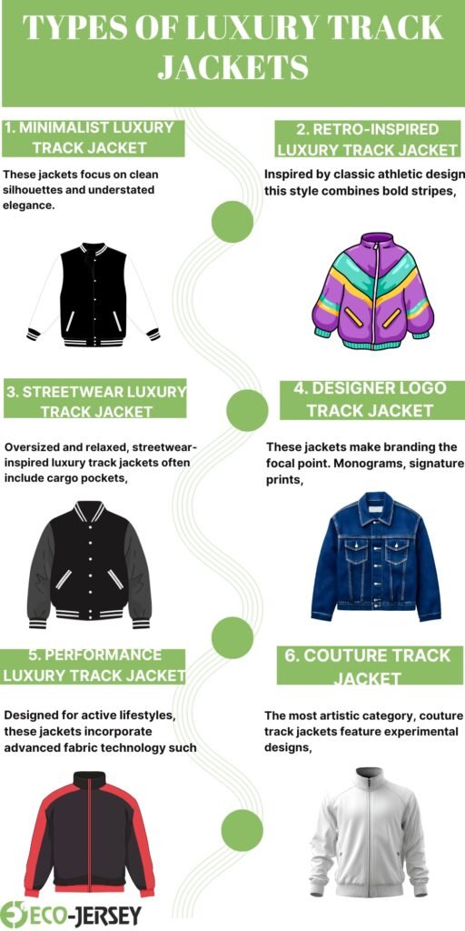 A vertical infographic titled “Types of Luxury Track Jackets” with six sections. Each section shows a labeled jacket image and a short description:
Minimalist Luxury Track Jacket: black varsity-style jacket; text notes clean silhouettes and understated elegance.
Retro-Inspired Luxury Track Jacket: multicolor purple, teal, and yellow puffer jacket; text mentions classic athletic detailing and bold stripes.
Streetwear Luxury Track Jacket: black and gray varsity jacket with white accents; text mentions oversized, streetwear-inspired design and cargo pockets.
Designer Logo Track Jacket: blue denim jacket; text highlights branding like monograms, signature prints.
Performance Luxury Track Jacket: red and black athletic jacket; text notes active lifestyle fabric technology.
Couture Track Jacket: white zip-up; text describes couture aesthetics and experimental designs.