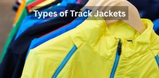 Types of Track Jackets The Complete Guide to Styles Fabrics. A bright yellow track jacket on a hanger with blue zippers, part of a row of colorful jackets. Overlay text reads ‘Types of Track Jackets’. Types of Track Jackets