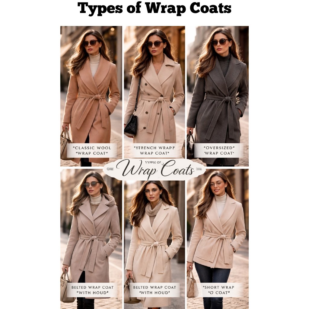 Six-panel collage of women wearing wrap coats in beige tones with a bold header 'Types of Wrap Coats' at the top, showing various styles labeled Classic Wool, Stretch Wrap, Oversized Wrap Coat, Belted Wrap Coat with Hood, and Short Wrap.
