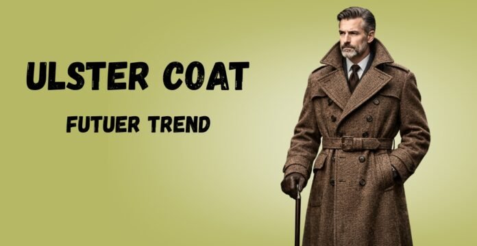 Ulster coat model in a long brown wool trench with a belt and cane, against a light olive background.