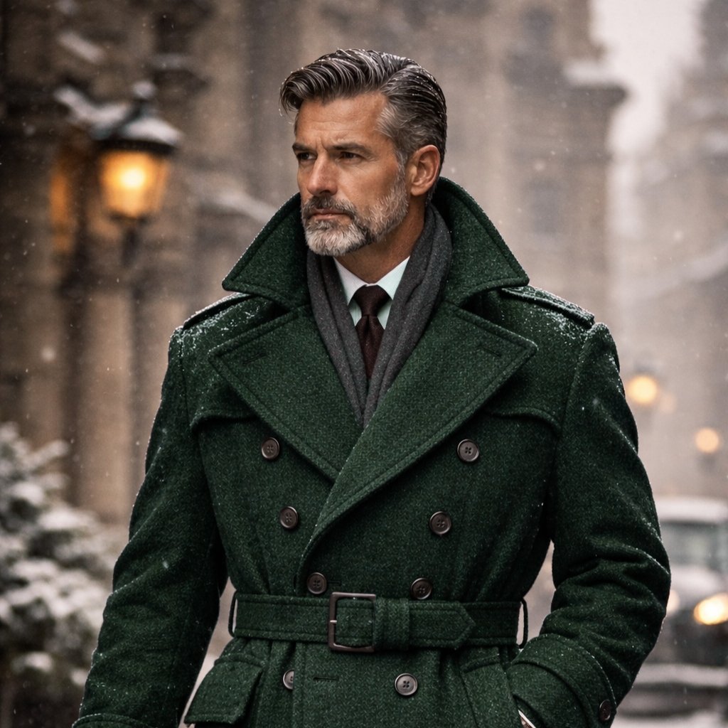  A stylish man with gray hair and beard wearing a dark green double-breasted coat with a belt, standing in a snowy urban street.