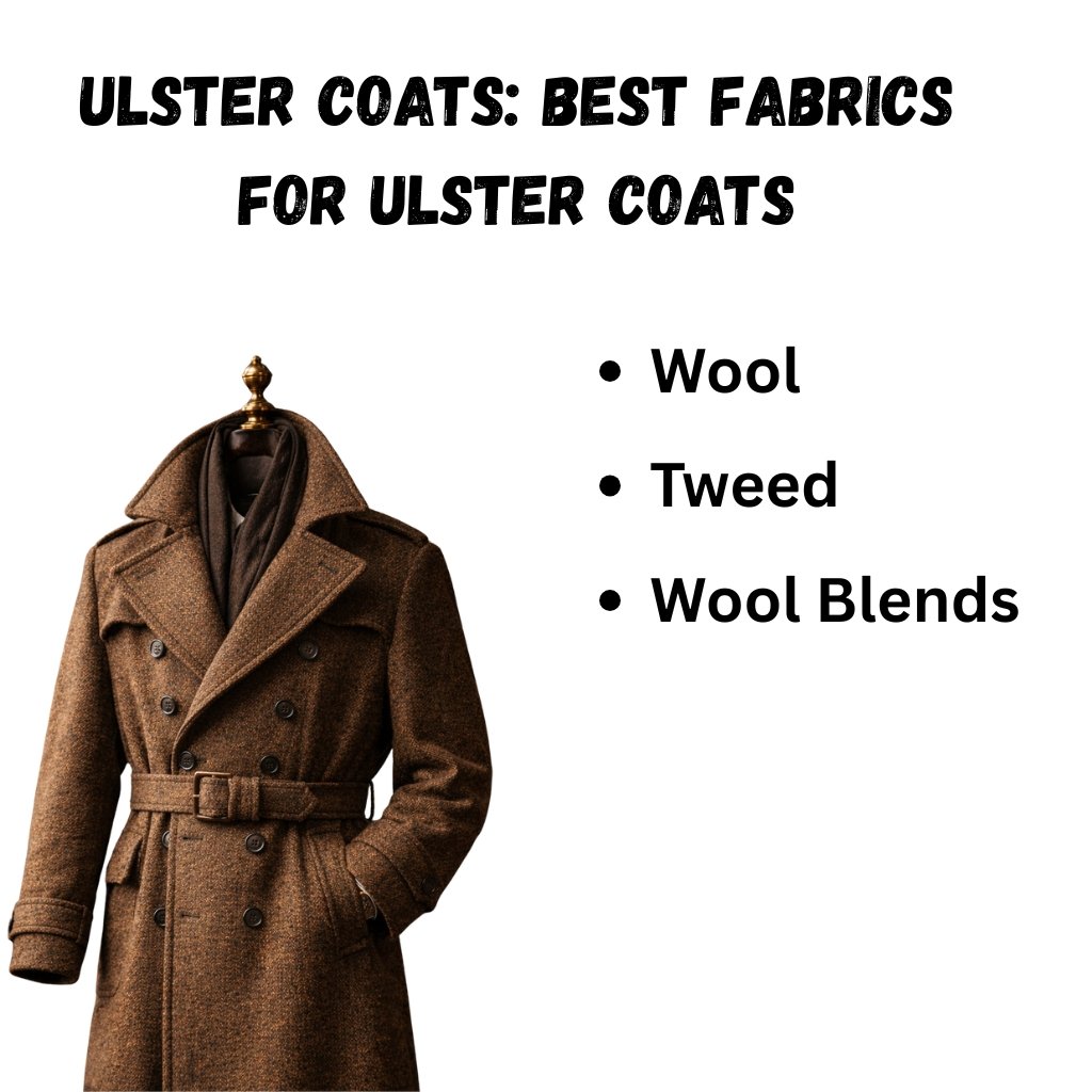 A brown wool overcoat on a mannequin next to a bulleted list about fabrics.
