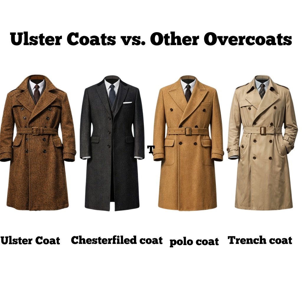 Four overcoats in different styles: Ulster Coat, Chesterfield Coat, Polo Coat, and Trench Coat, shown side by side.
