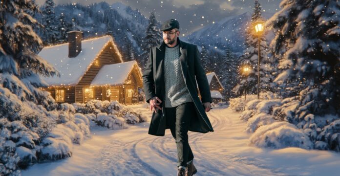 A man wearing a long dark coat and beanie walks along a snow-covered path in a cozy, snow-dusted village at dusk. Warm lights glow from the wooden cabins, and snowfall adds a magical winter atmosphere. Ultimate Classic Topcoat