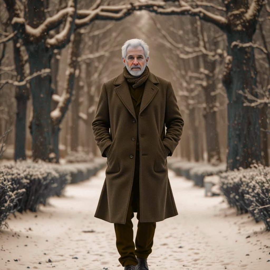 An older man with gray hair and beard walking along a snow-covered path lined with bare trees, wearing a brown overcoat, scarf, and dark pants.