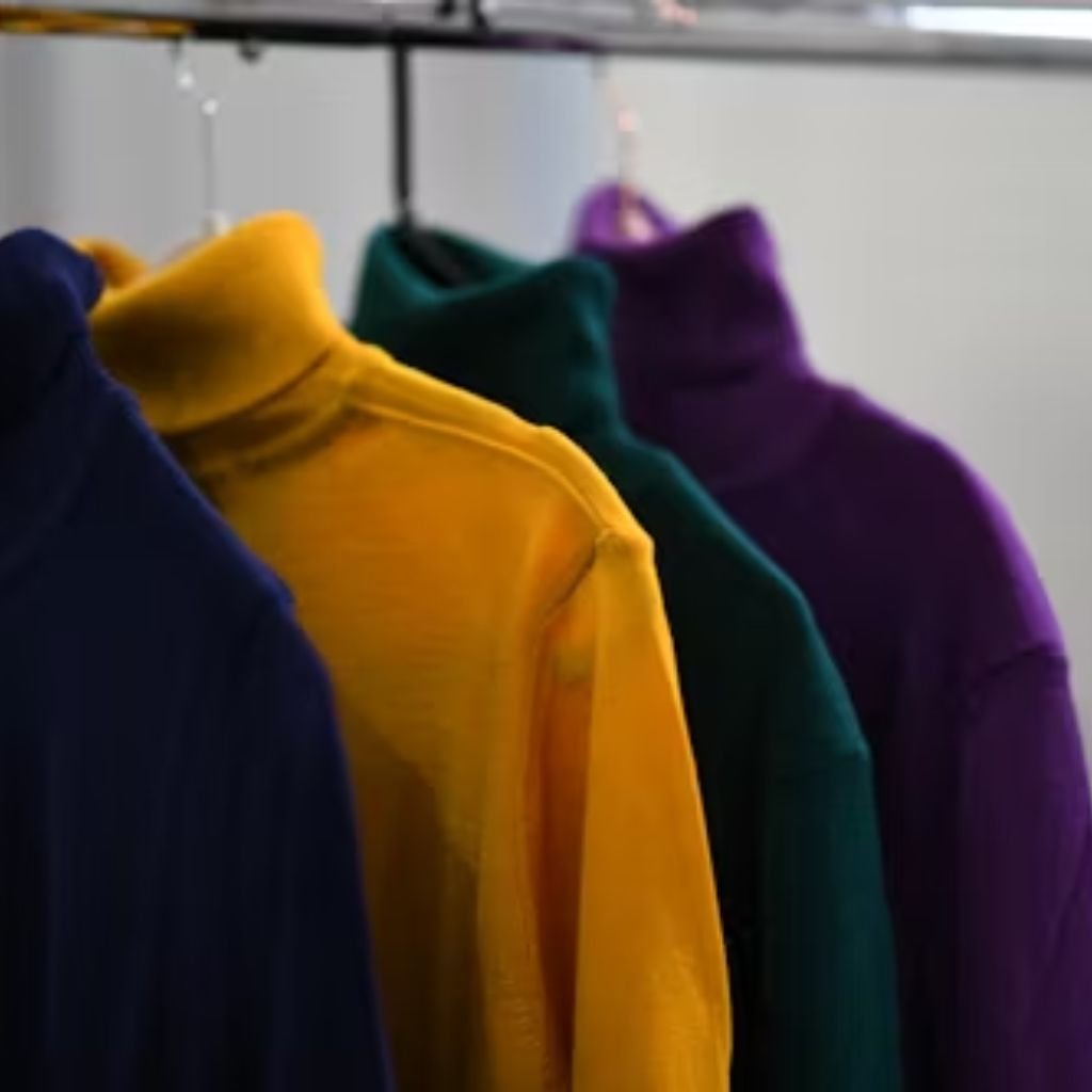 A row of long-sleeve tops in different colors hanging on a clothing rack, shown from a close side angle.Lambswool Clothing