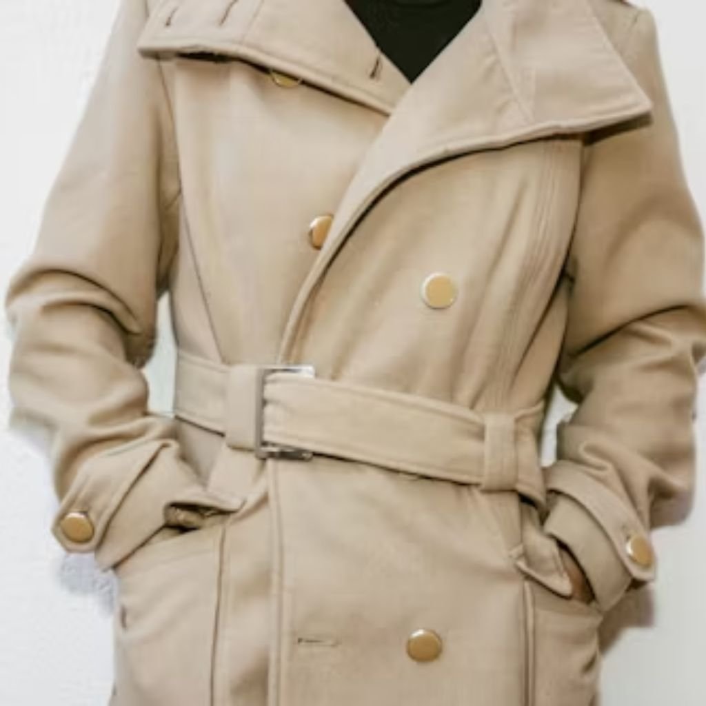 Man wearing a black winter coat layered over a red sweater, styled with light grey trousers and white sneakers on a white background.Belted Winter Coats