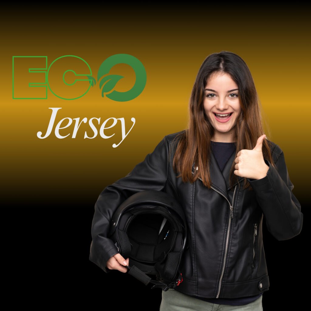 A smiling young woman wearing a black leather jacket and holding a motorcycle helmet, giving a thumbs up. A bold green logo that says “EGO” with a leaf motif is on the left, and the word “Jersey” is written in white script against a gradient background from dark brown to gold.