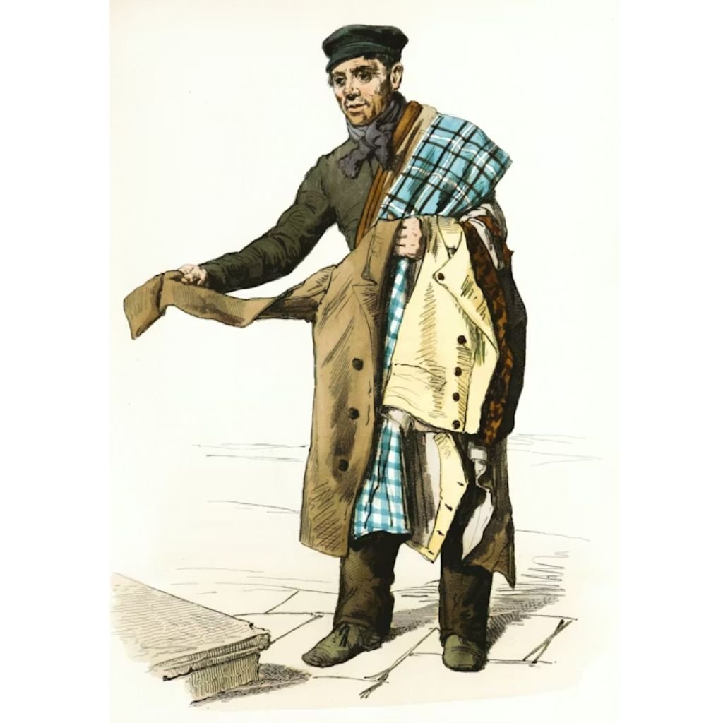 An illustration of a man wearing simple clothing and holding multiple coats draped over his arm, extending one coat outward as if offering it for sale.Why Victorian-Era Winter Coats