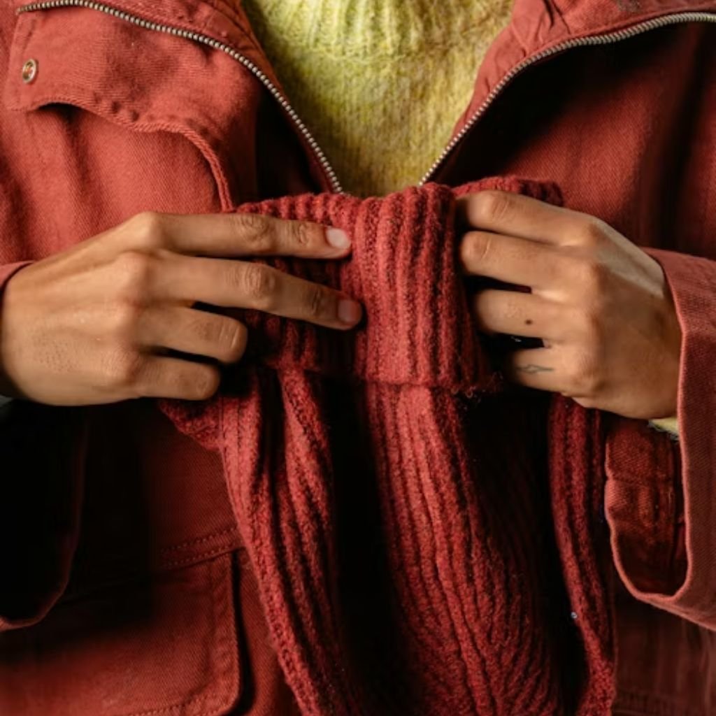 Person wearing a rust-colored jacket and holding a knitted scarf over a warm sweater in a cozy winter outfit.Boiled Wool Jacket