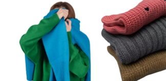 Cozy Winter Outfits to Keep You Warm and Stylish All Season A person in a green sweater playfully covering their face with a bright blue knitted scarf, alongside a neatly folded stack of cozy knitwear in pink, gray, and brown, illustrating warmth, comfort, and the question “does polyester make you sweat.”cozy winter outfits