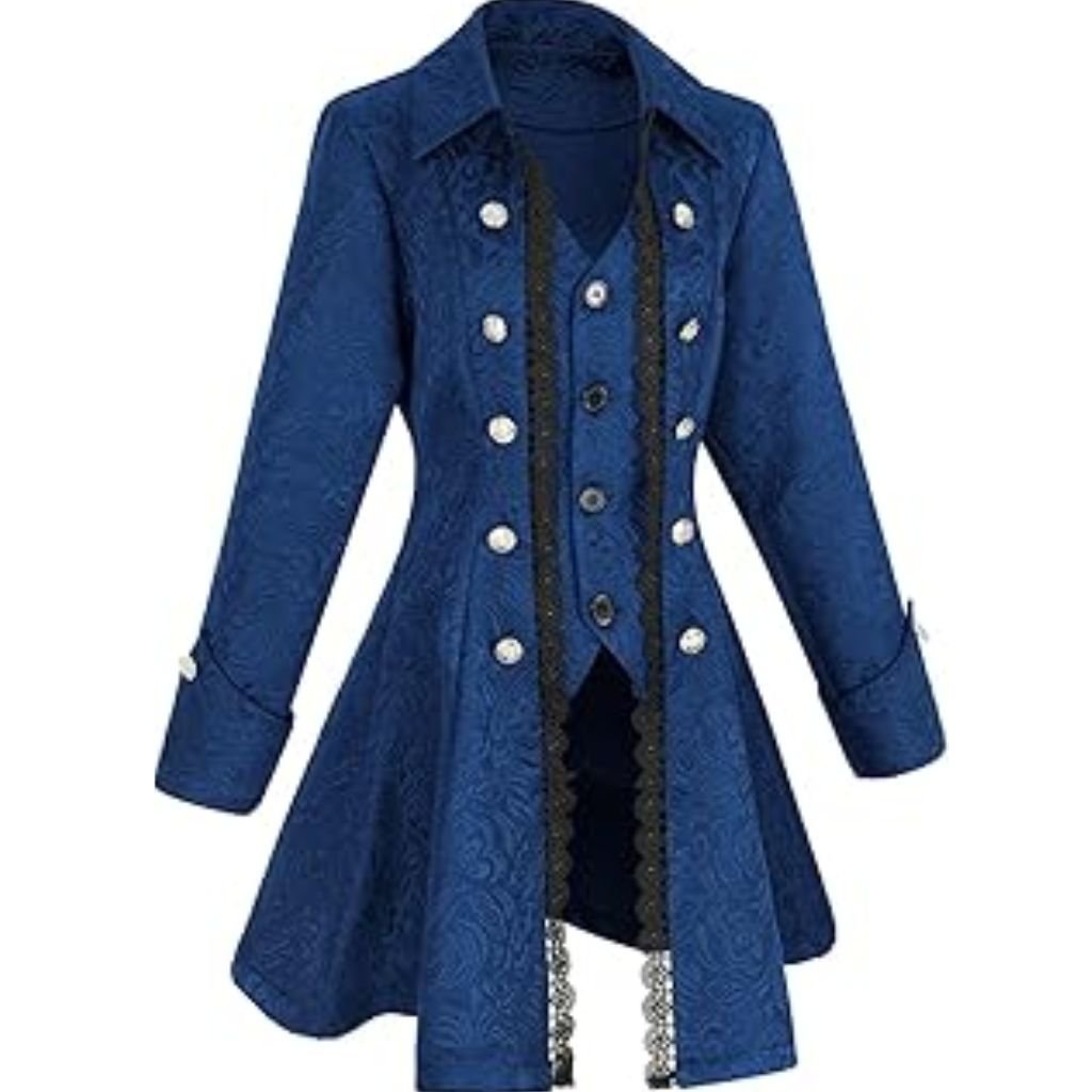 A royal blue Victorian-style long coat with ornate silver buttons, black lace trim, and a subtly embossed brocade pattern.Why Victorian-Era Winter Coats