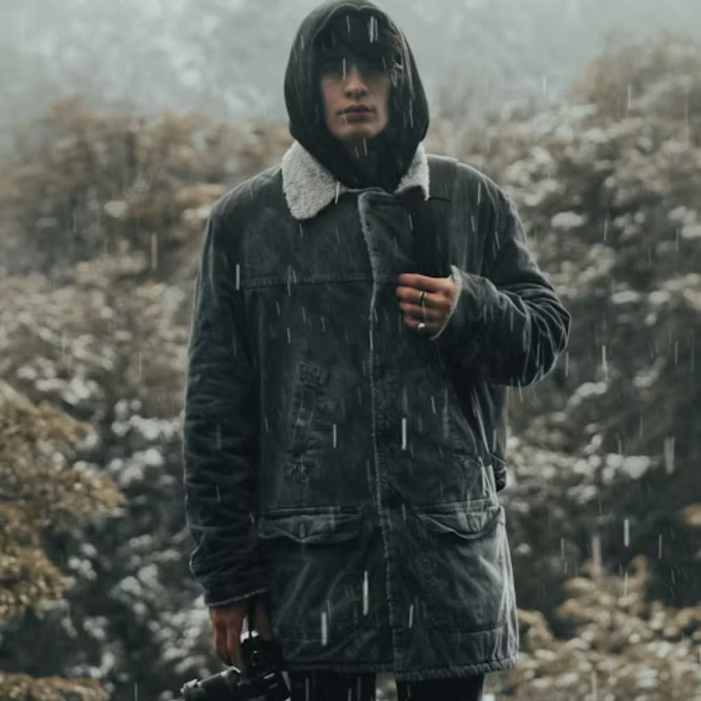 A person wearing a dark hooded jacket with a shearling collar stands outdoors in falling rain, holding a camera against a rocky, misty landscape.Trench-Style Winter Coats