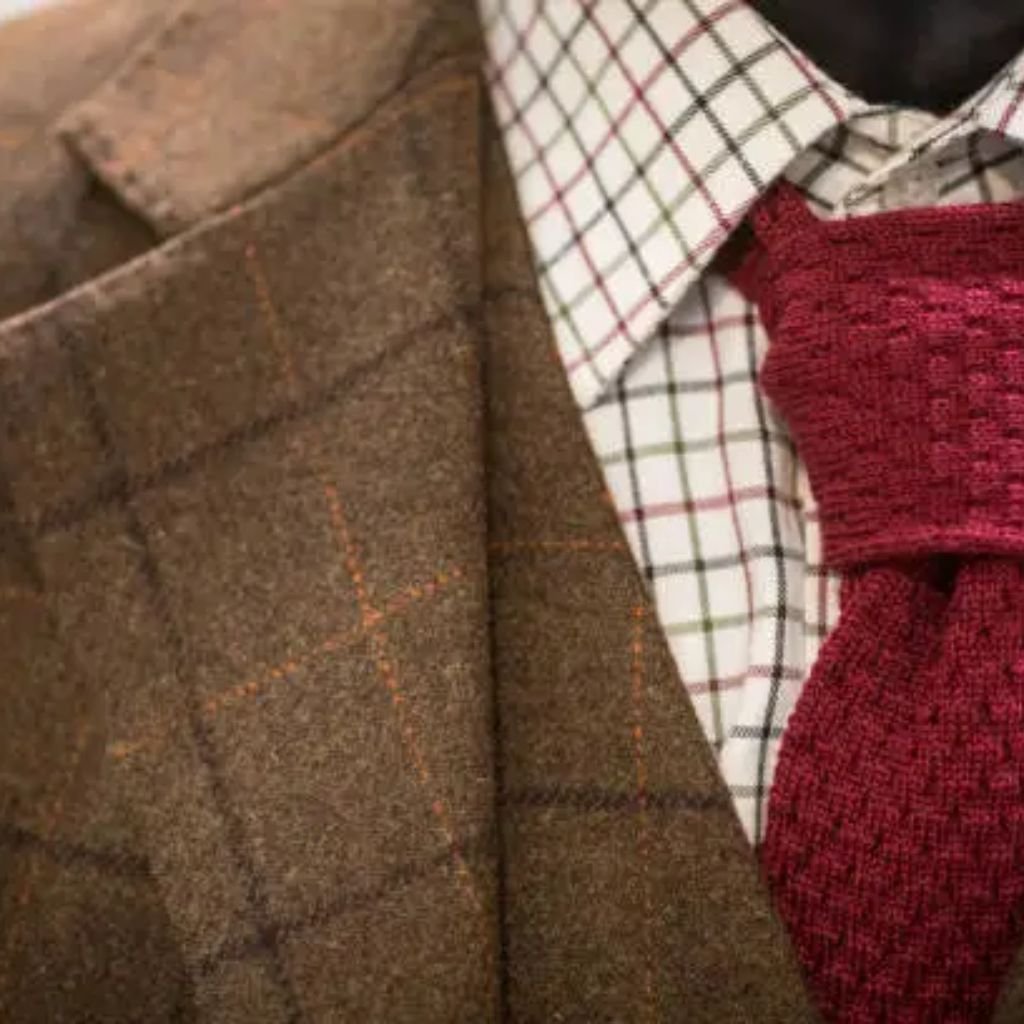 Close-up of a brown tweed jacket worn over a checked shirt with a textured red tie.Does Shetland Wool Itch?
