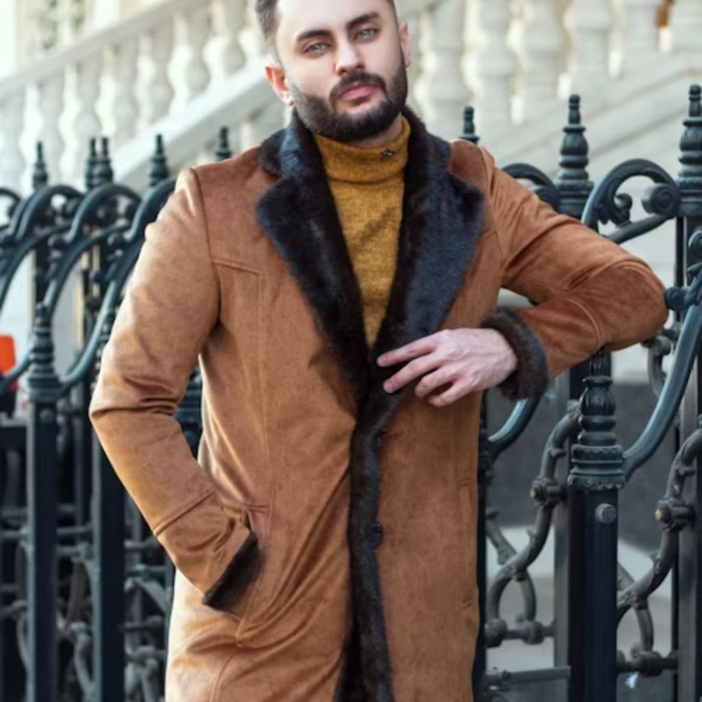 A bearded man wearing a tan suede coat with dark fur trim and a mustard turtleneck leans against a decorative black iron railing outdoors.Trench-Style Winter Coats