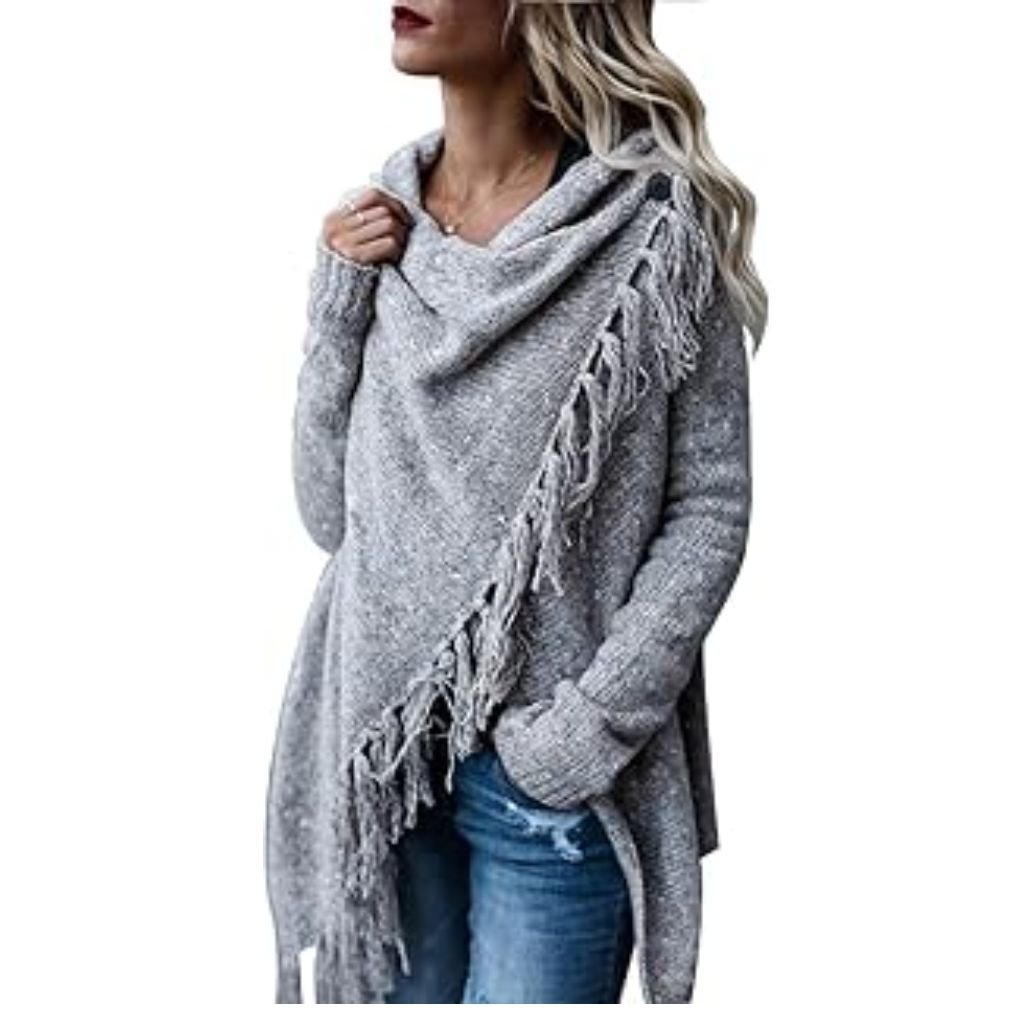 "Brown button-up cardigan with gold buttons and front pockets."trendy cardigan outfits