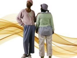 Two individuals wearing pastel cardigans styled with relaxed, casual outfits against an abstract golden wave background.trendy cardigan outfits