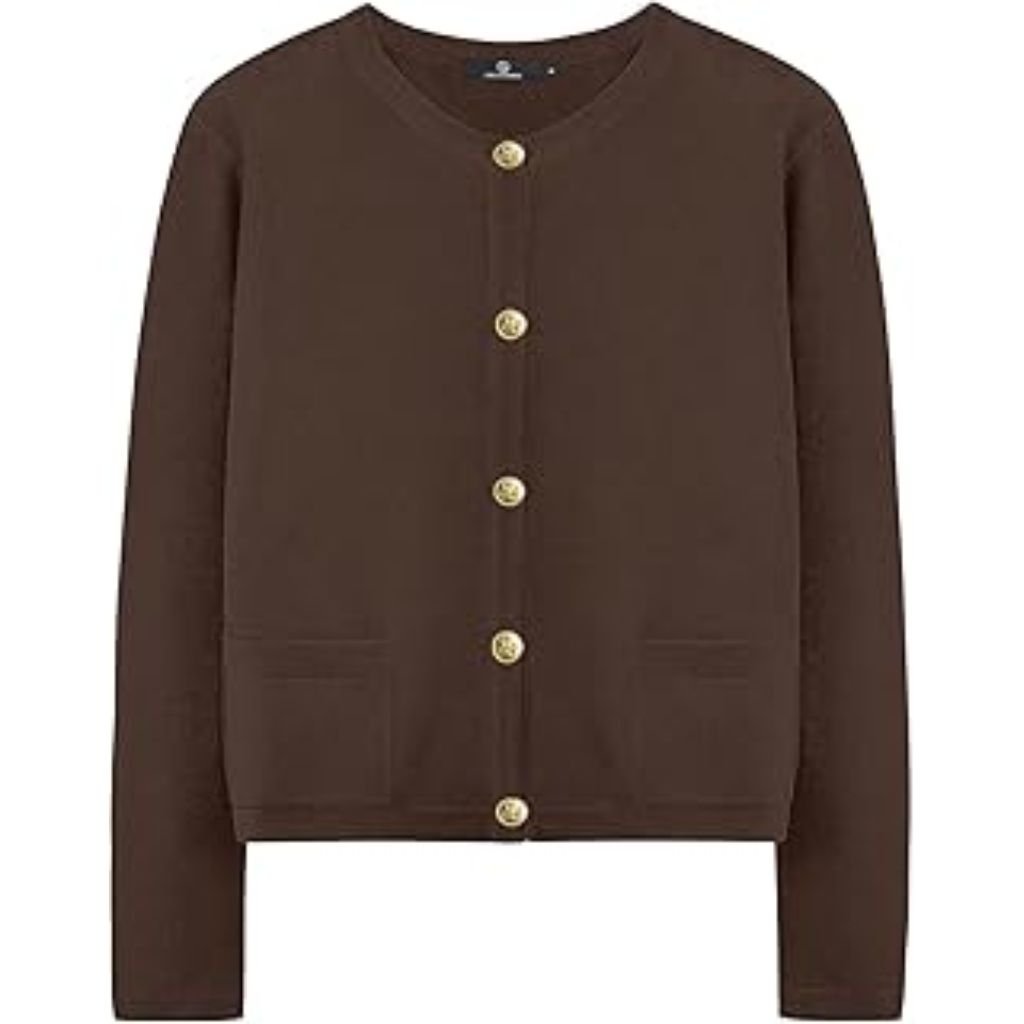 "Brown button-up cardigan with gold buttons and front pockets."trendy cardigan outfits