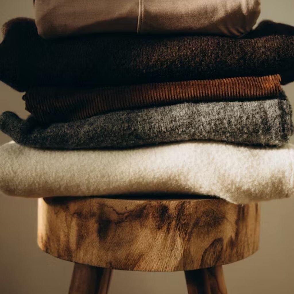 A stack of folded knit sweaters in neutral earth tones placed on a rustic wooden stool.Is Herringbone Wool Worth It?