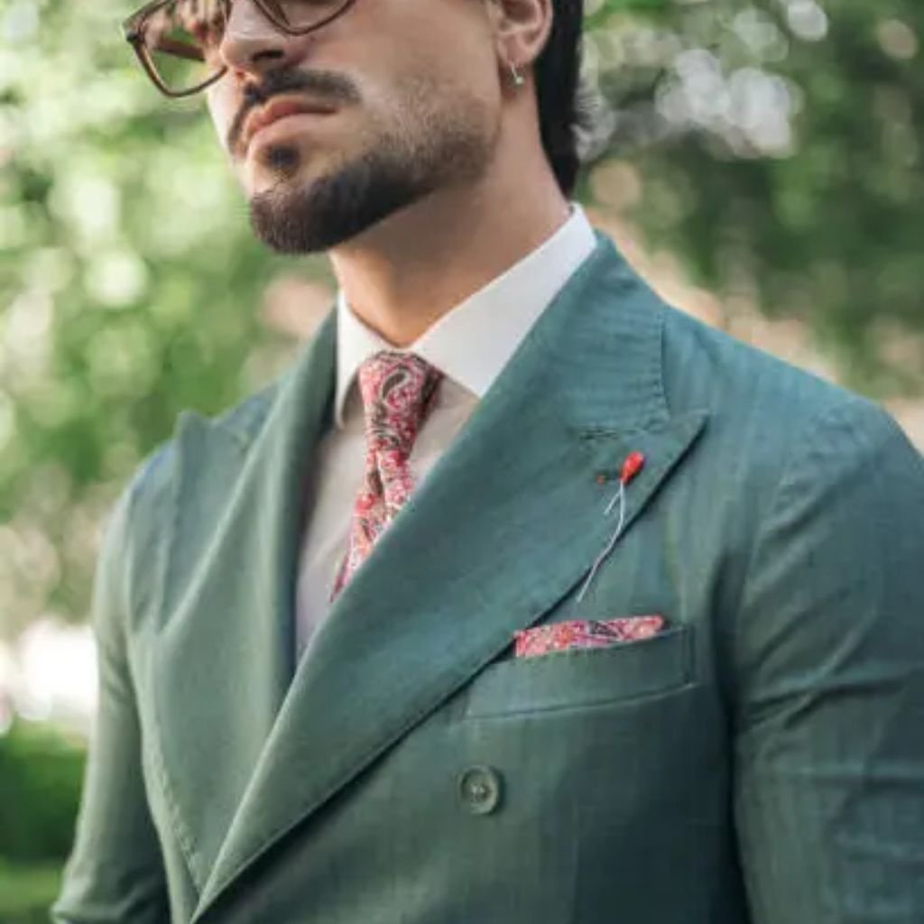A person wearing a green double-breasted suit with a patterned tie and pocket square, standing outdoors among trees.Double-Breasted Wool Jackets: