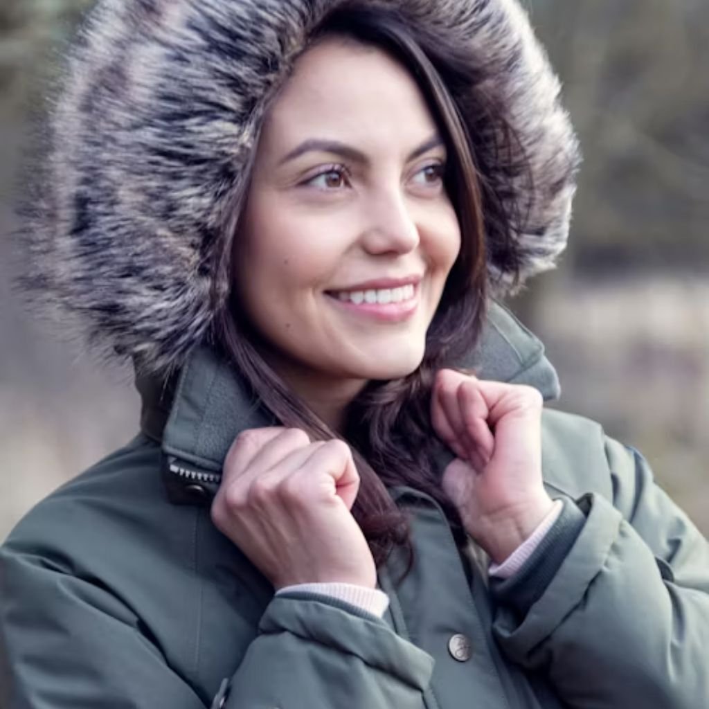Woman wearing a beige oversized button-up jacket with a textured fabric and relaxed fit, styled casually against a white background.Boiled Wool Jacket
