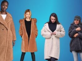 “Four women wearing different styles of teddy coats in brown, beige, and dark grey against a blue gradient background.”Teddy Coats