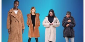 Teddy Coats: The Coziest and Trendiest Outerwear for Winter! “Four women wearing different styles of teddy coats in brown, beige, and dark grey against a blue gradient background.”Teddy Coats