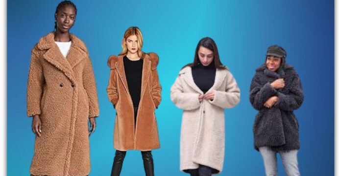 “Four women wearing different styles of teddy coats in brown, beige, and dark grey against a blue gradient background.”Teddy Coats
