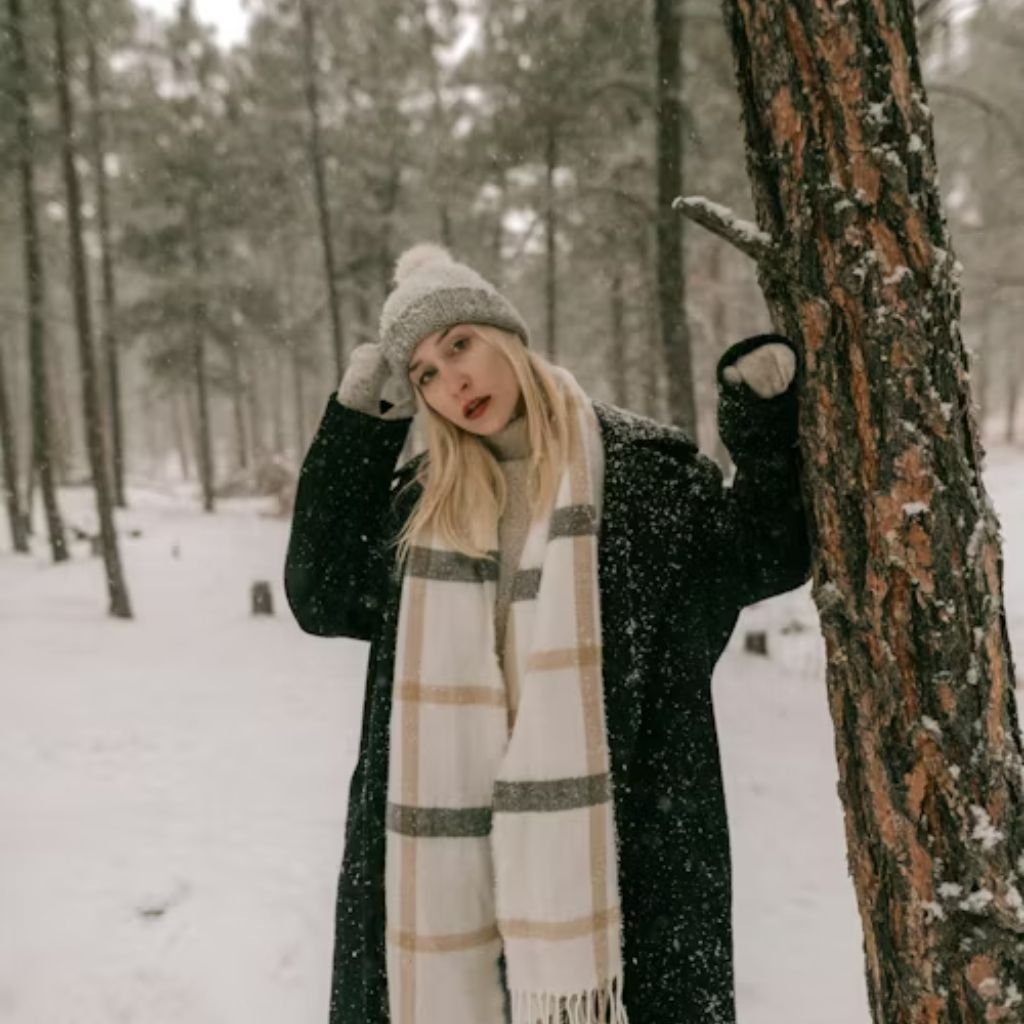 Person wearing a yellow puffer jacket, patterned winter sweater, and knit balaclava, posing against a blue gradient background.Monochrome winter outfits