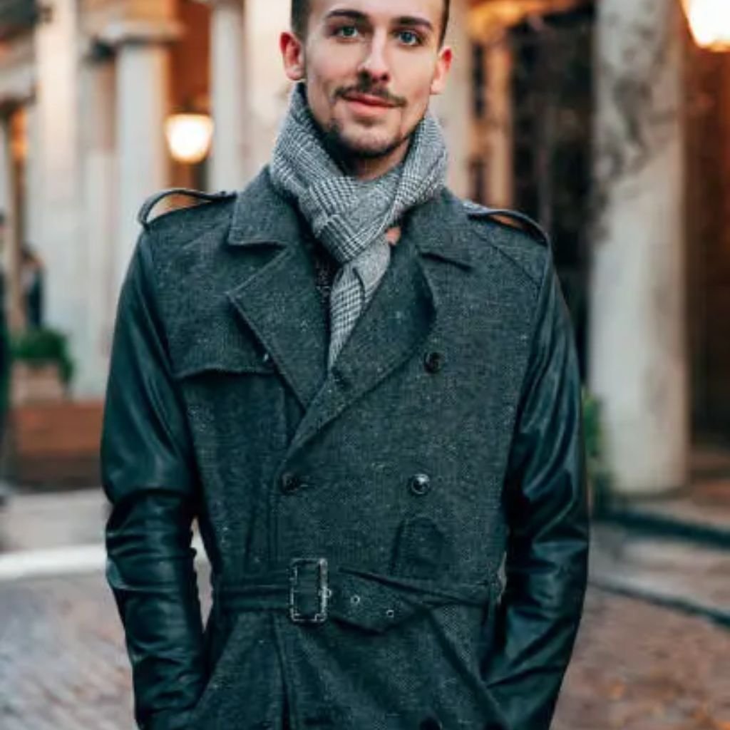 A person wearing a dark hooded jacket with a shearling collar stands outdoors in falling rain, holding a camera against a rocky, misty landscape.Trench-Style Winter Coats