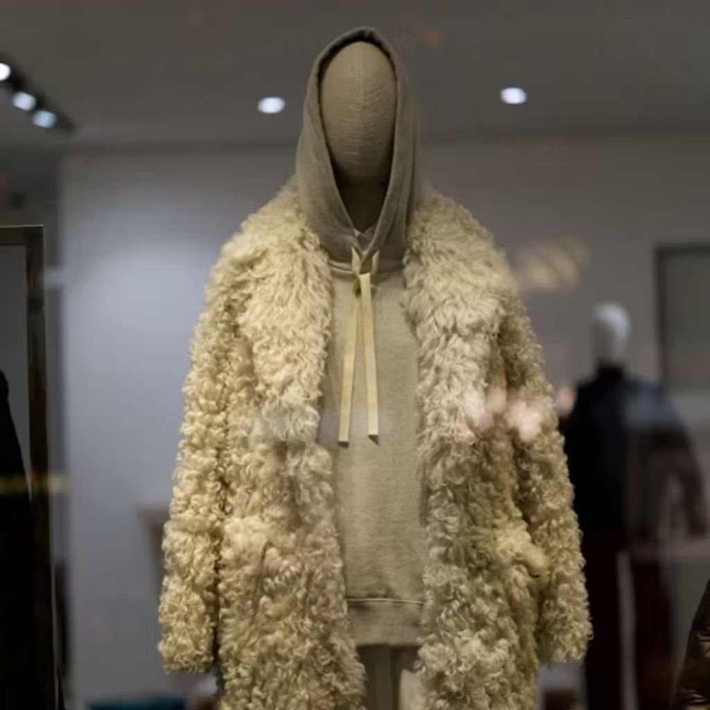 Mannequin wearing a beige hoodie layered under a cream-colored, textured coat in a retail display.Is Pure Wool Worth It?