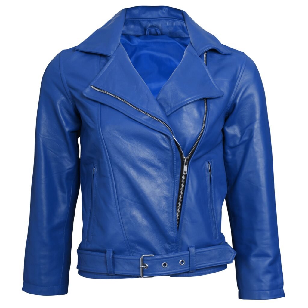 A vibrant cobalt blue women's or unisex sport leather jacket featuring an asymmetrical diagonal zipper, wide lapels, and a matching belt at the waist. The jacket has long sleeves and zippered pockets.