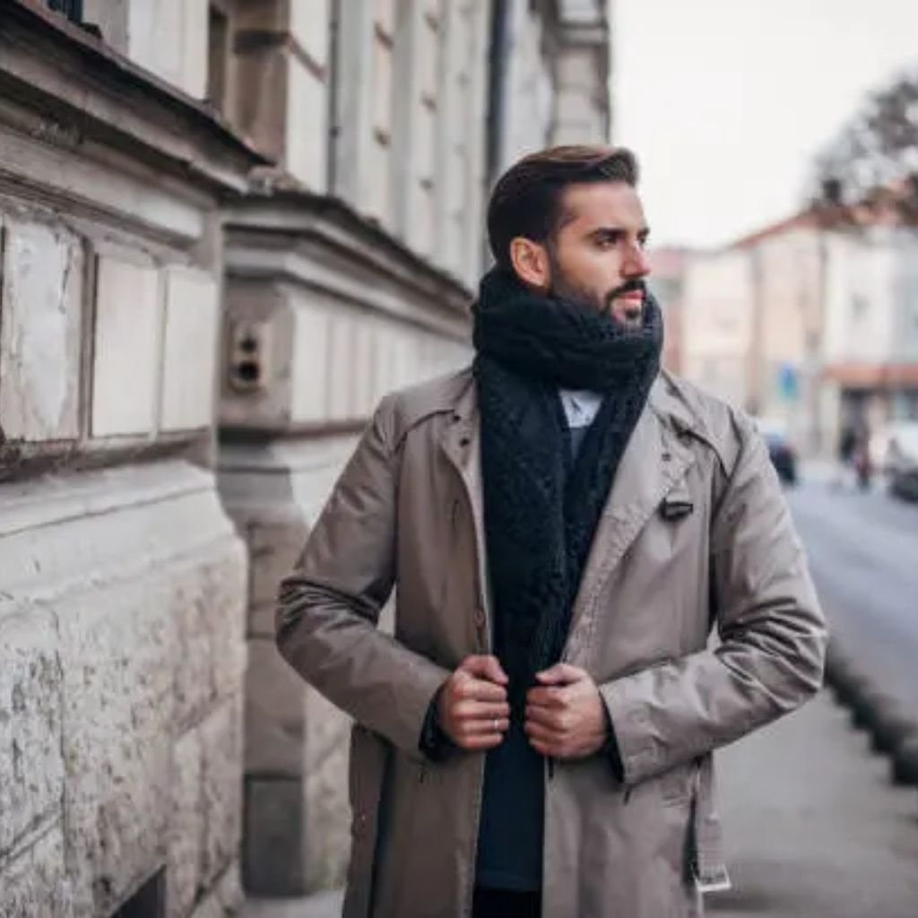 A man wearing a black coat over a red sweater and white shirt stands against a white background, looking to the side.Trench-Style Winter Coats