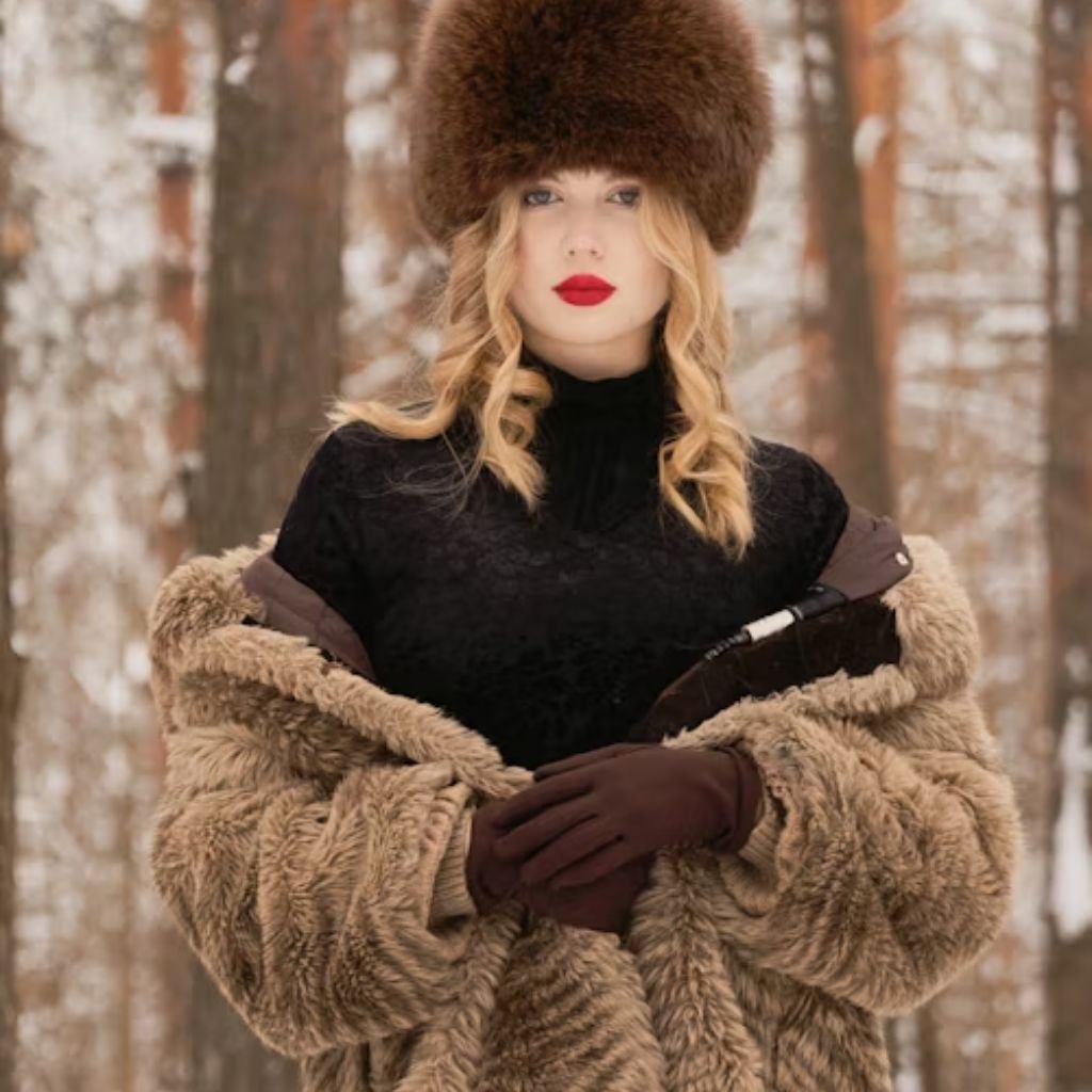 A person wearing a black winter parka with a faux-fur trimmed hood, standing against a plain white background and holding colorful gloves.Why Victorian-Era Winter Coats