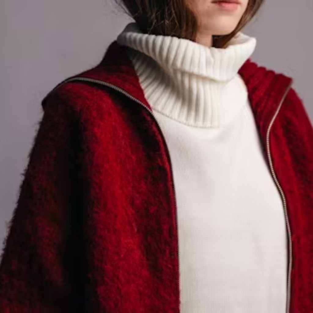Person wearing a white ribbed turtleneck sweater layered under a red zip-front jacket.Is Pure Wool Worth It?