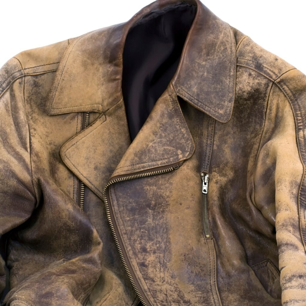 A vintage-style leather jacket with a distressed, worn-in tan finish, exposed zippers, and wide lapels.