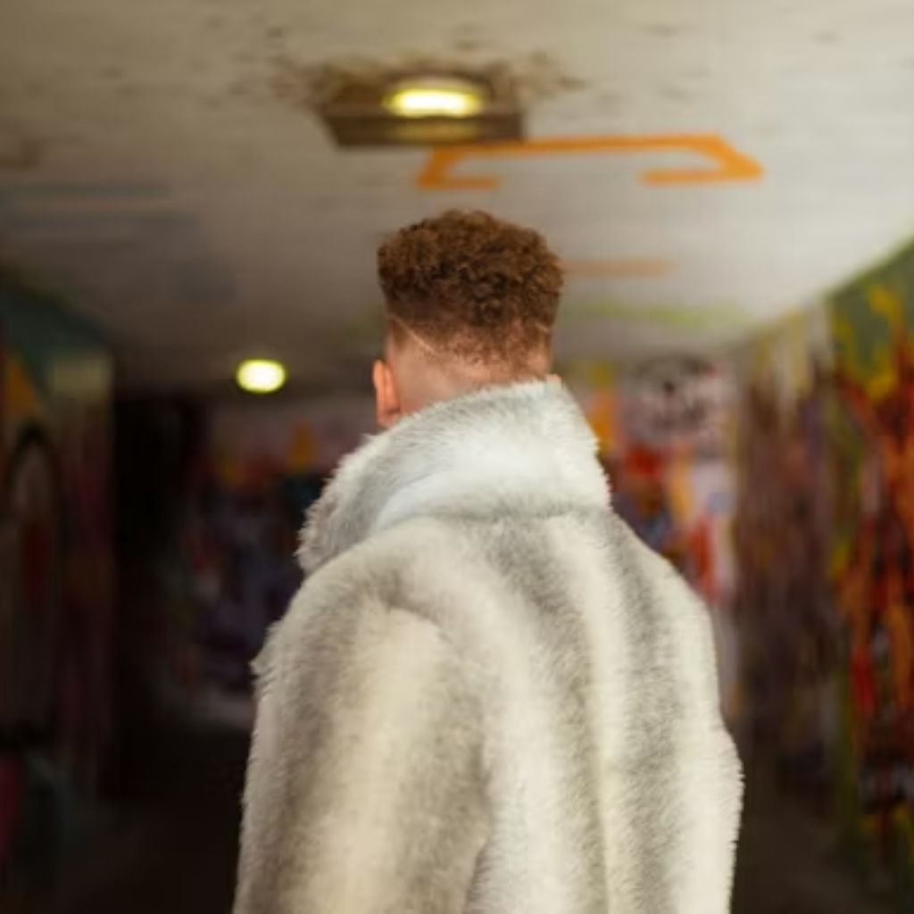 Person smiling and wearing a dark coat over a light sweater, looking to the side.The Wool Peacoat Comeback: