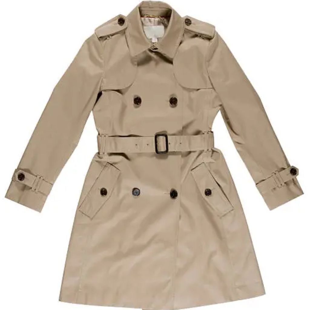 A beige double-breasted trench coat with a belt, shoulder epaulettes, and long sleeves displayed on a white background.Belted Winter Coats