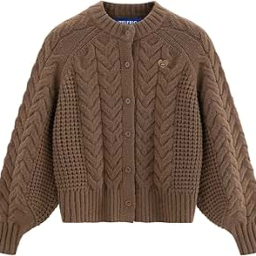 "Brown button-up cardigan with gold buttons and front pockets."trendy cardigan outfits