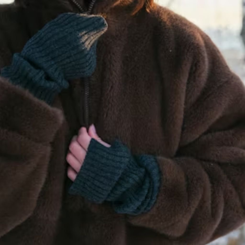 A stylish woman wearing a black long coat, white turtleneck sweater, ripped blue jeans, and a beige quilted shoulder bag with a chain strap.Why Victorian-Era Winter Coats