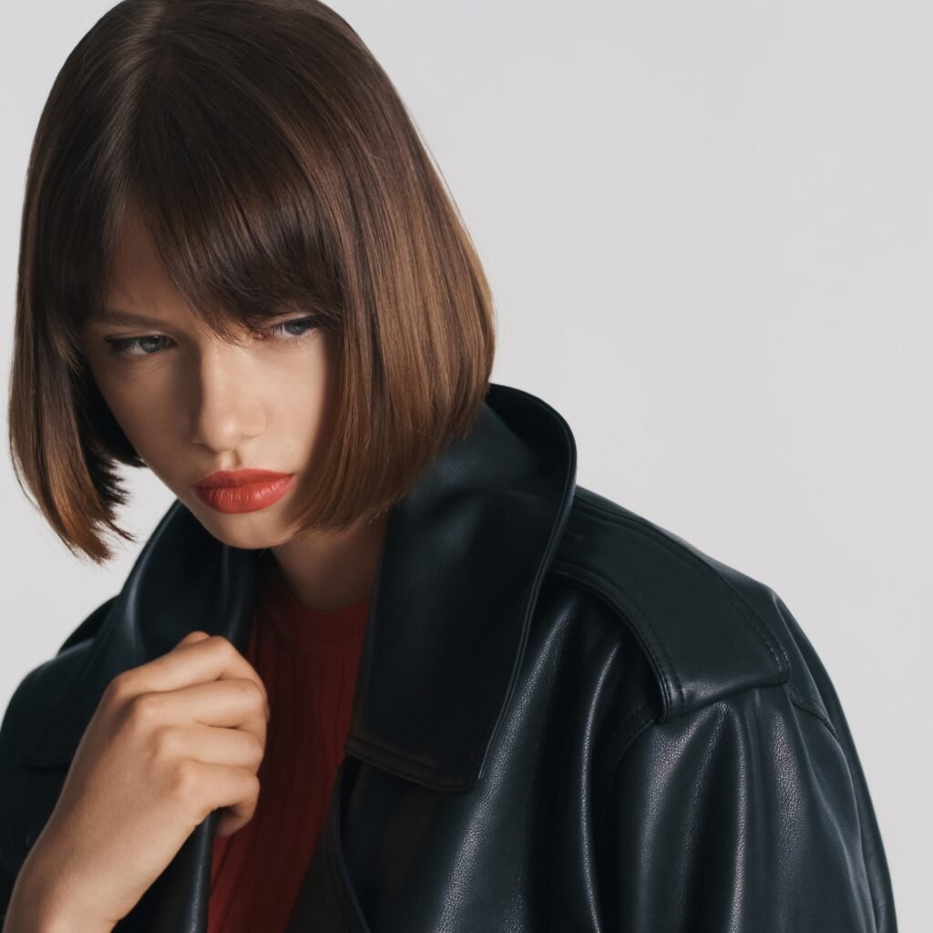 A close-up of a woman with a sleek bob haircut wearing a dark leather zip-up jacket and a rust-colored top. She looks downward, gripping the jacket’s lapel with one hand.