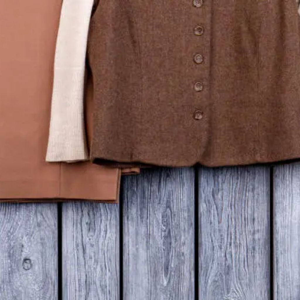 Fabric samples and rolled textiles in shades of blue and gray, alongside a tailored blue vest on a dress form in a sewing workspace.Does Shetland Wool Itch?