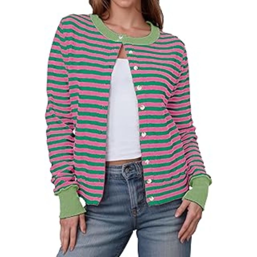 "Brown button-up cardigan with gold buttons and front pockets."trendy cardigan outfits