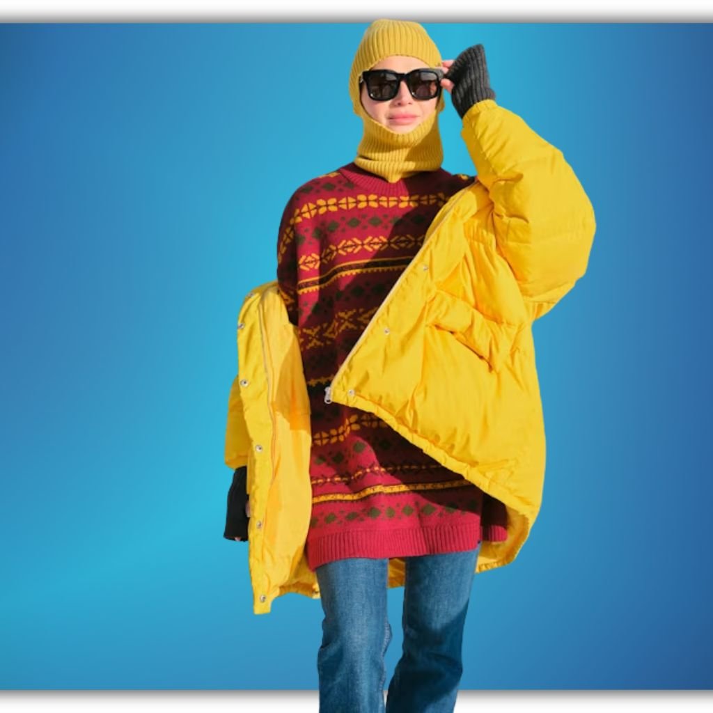 Person wearing a yellow puffer jacket, patterned winter sweater, and knit balaclava, posing against a blue gradient background.Monochrome winter outfits