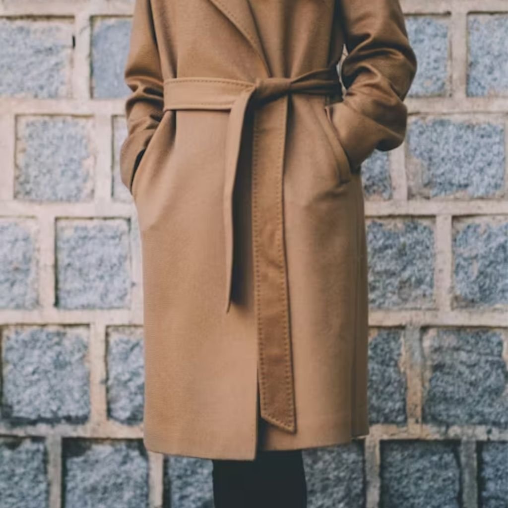 A person wearing a camel-colored belted coat stands with hands in pockets against a stone wall.Is a Long Parka Coat Worth It?