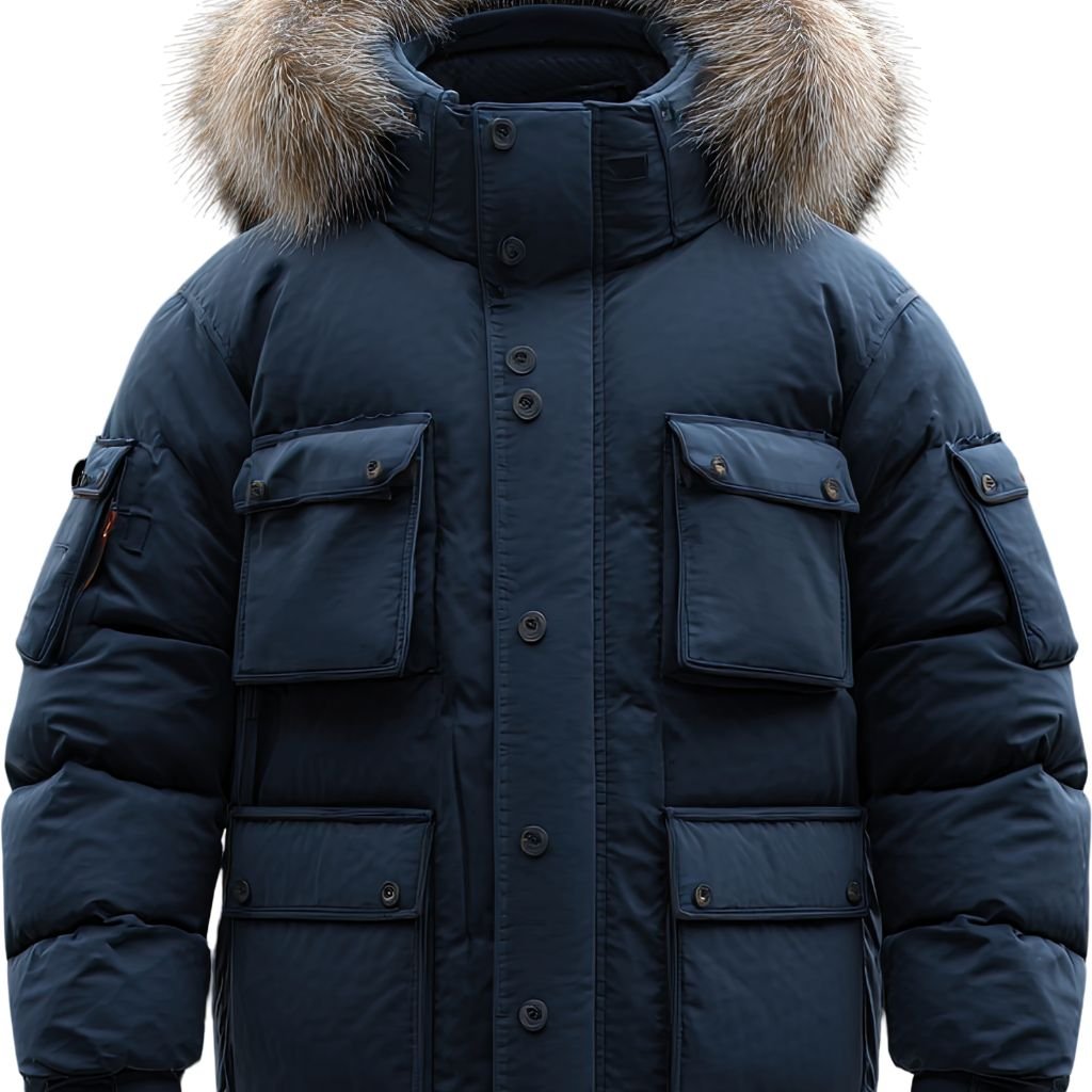 A heavy navy parka-style jacket with a fur-trimmed hood and multiple large front pockets.