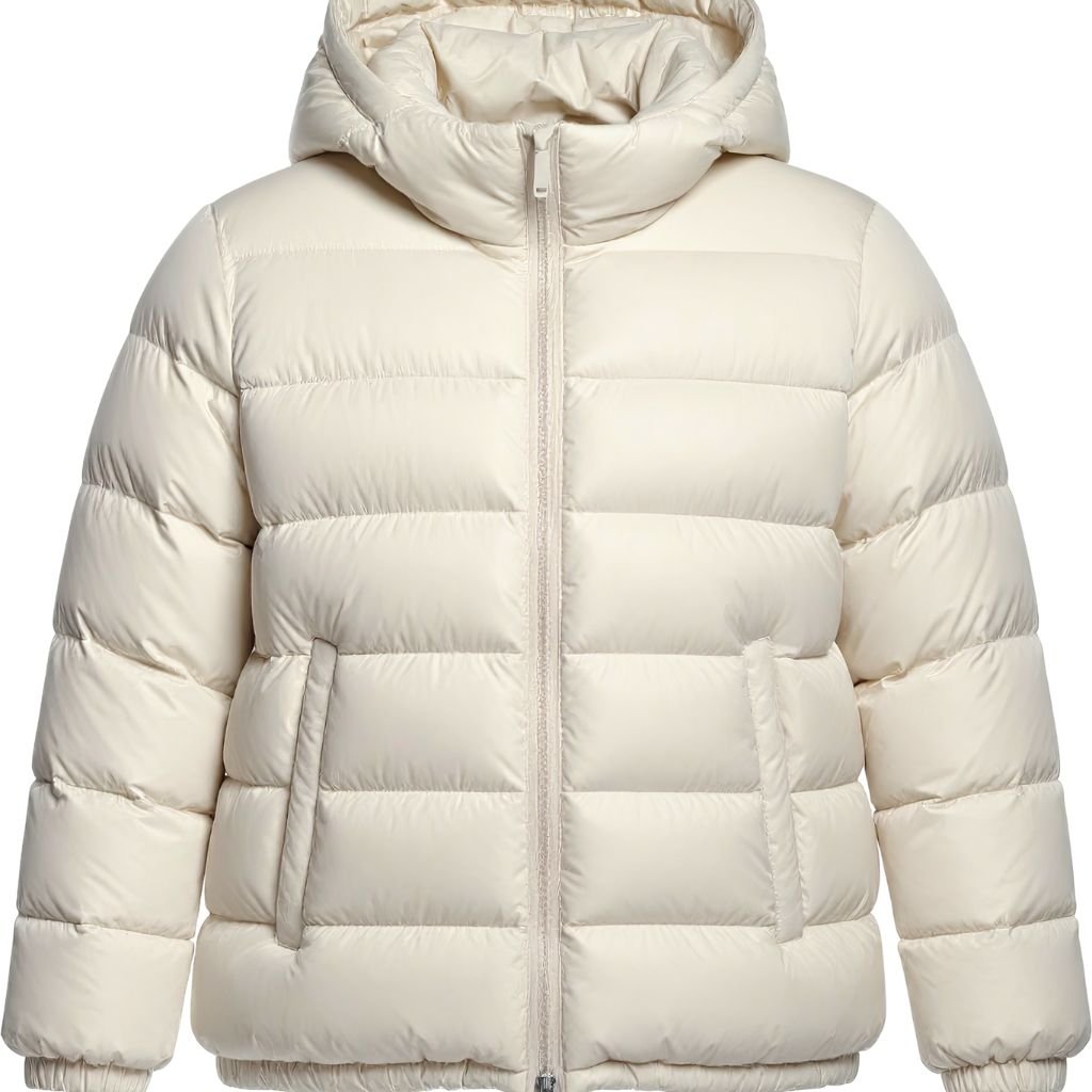 Light beige puffer jacket with a detachable hood and zip closure, featuring horizontal quilting and two side pockets.