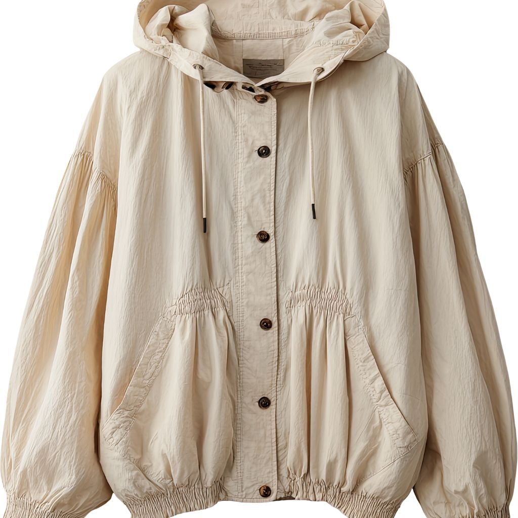 A light beige hooded jacket with a relaxed fit, elastic hem, and gathered pockets. The jacket features a drawstring hood and dark buttons.